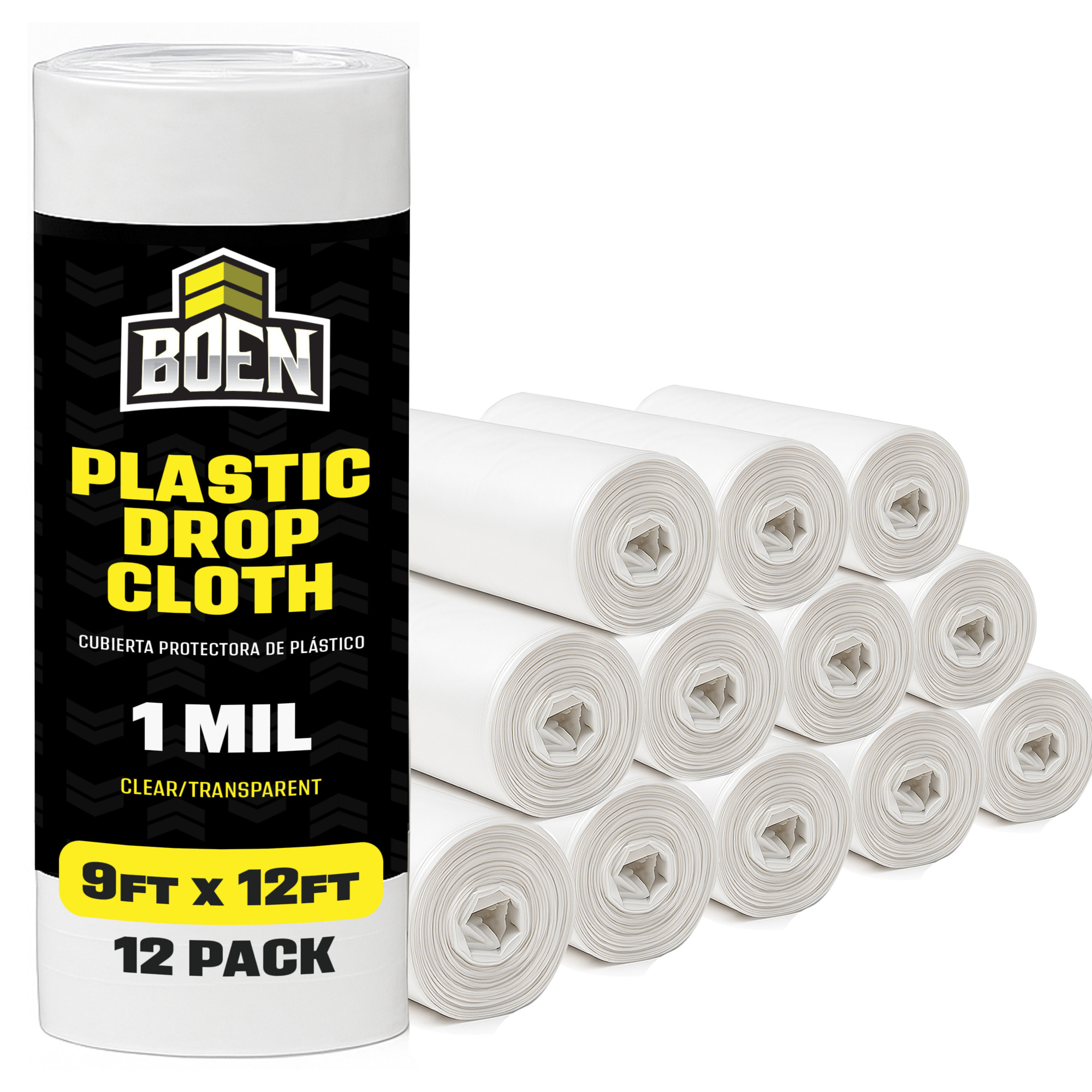 Boen Clear Plastic Drop Cloth, 9 ft x 12 ft, 12-Pack, 1 Mil Heavy-Duty Painters Plastic Sheeting Roll, Waterproof, Tear-Resistant Paint Tarp for Furniture, Floors, Windows, Dust Protection – Multipurpose